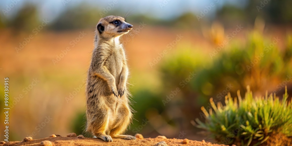 Fototapeta premium A solitary suricate, also known as a meerkat, stands upright on its hind legs, scanning the desert landscape with curious, watchful eyes and alert posture.
