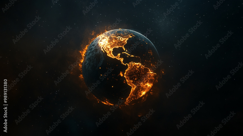 A glowing earth against a dark expanse of space. A glowing earth against a dark expanse of space.