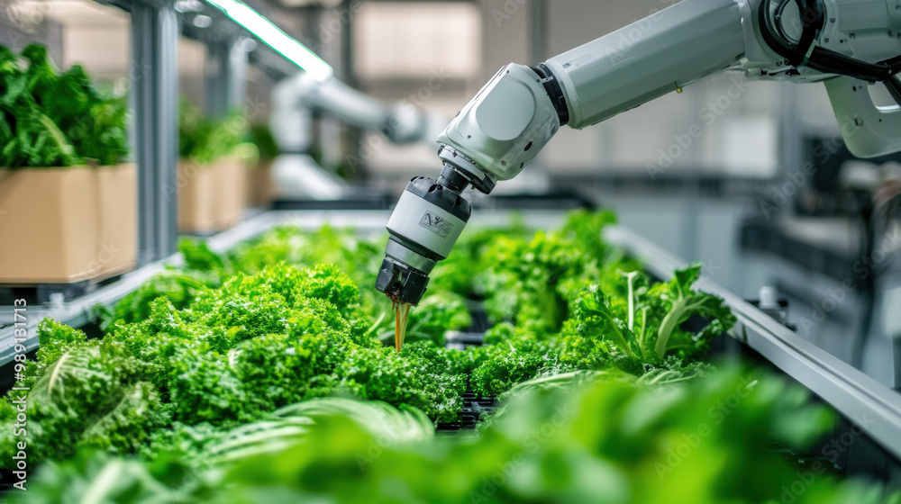 Automated robotic arms are efficiently packaging freshly harvested greens in modern agricultural setting, showcasing innovation in farming technology Automated robotic arms are efficiently packaging freshly harvested greens in modern agricultural setting, showcasing innovation in farming technology