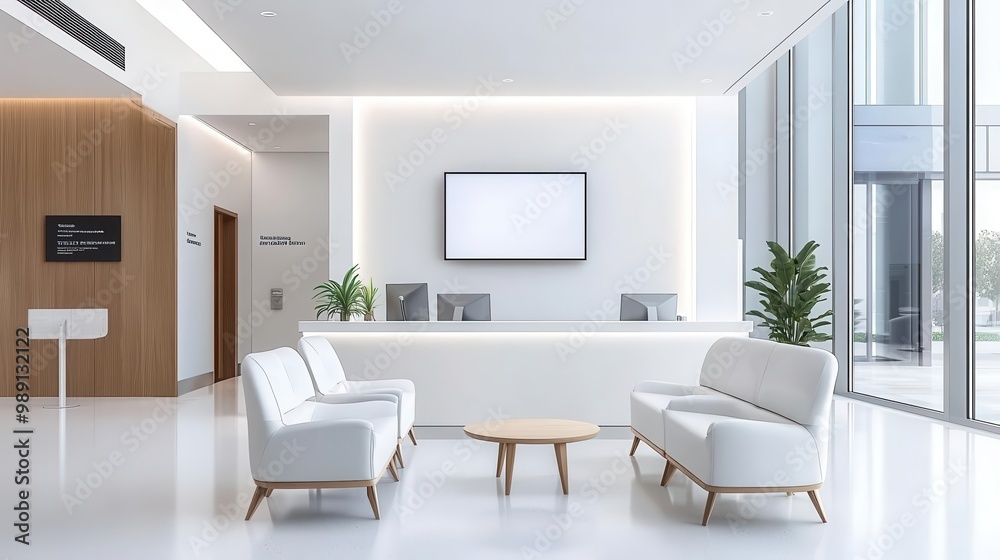 Hospital waiting room with 3D projection screens showcasing hospital services, 3D projection, informative design Hospital waiting room with 3D projection screens showcasing hospital services, 3D projection, informative design