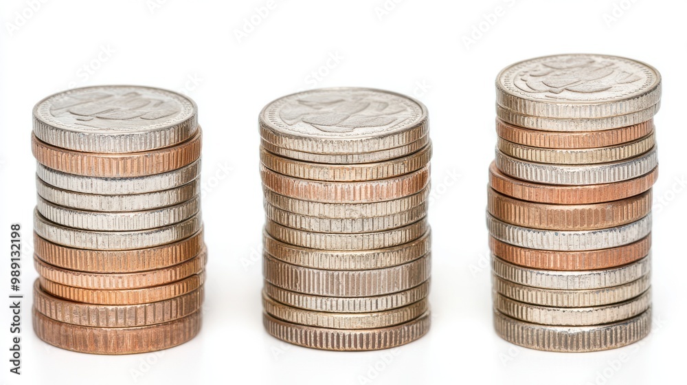 Three Stacks of Coins on White Background Three Stacks of Coins on White Background