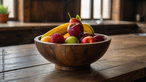 Rustic wooden bowl of fruit on counter background photo