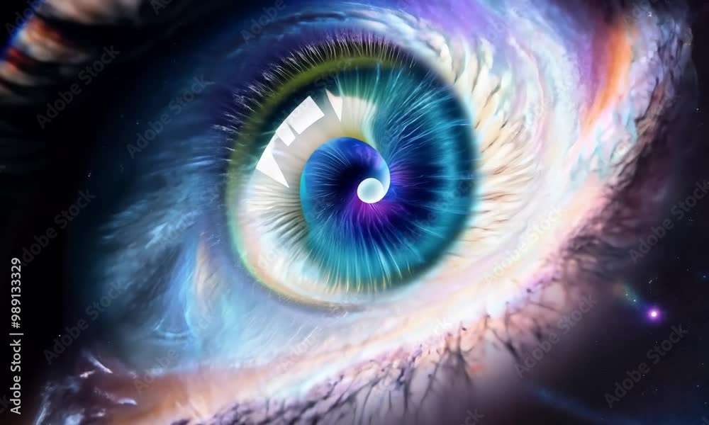 Dézoome sur une galaxie qui se transforme progressivement en l'iris d'un œil humain, 
