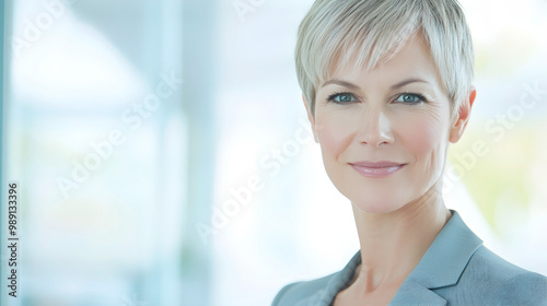 Free Download Confident businesswoman with short gray hair smiling, wearing a professional suit, and standing in a bright office environment, representing leadership and success - GFXLoad
