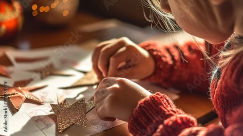 Un niño pequeño creando adornos navideños en forma de estrellas con papel brillante en una mesa iluminada por luces festivas.
