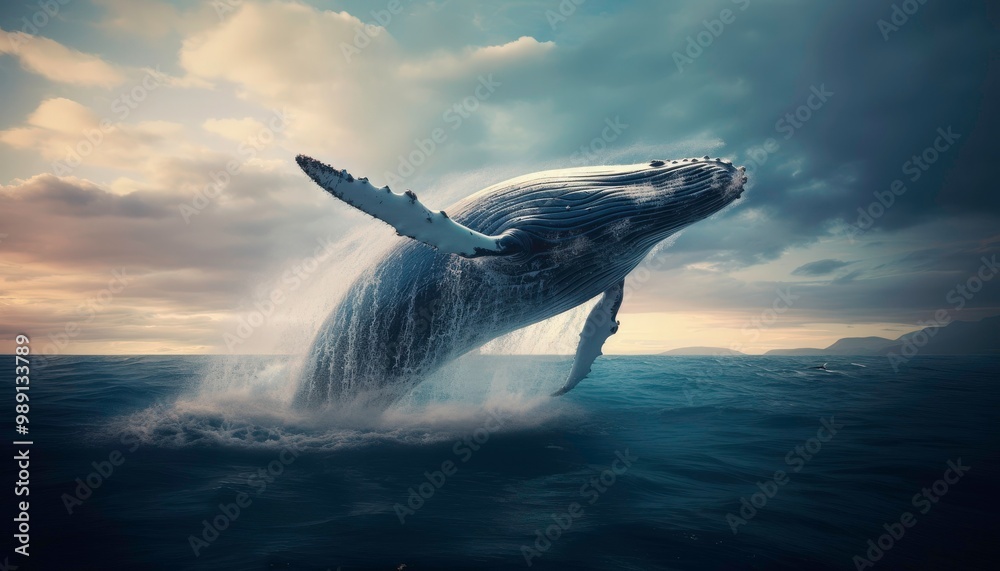 Fototapeta premium A whale is leaping out of the water, creating a splash. Concept of freedom and power, as the whale soars through the air. Generative AI