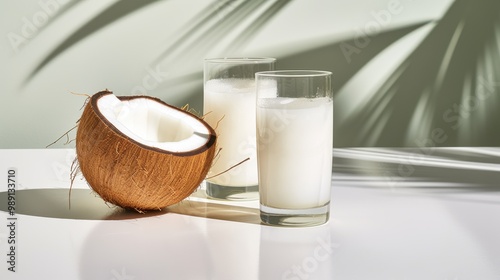 Two glasses of coconut drink sit by a halved coconut, bathed in soft daylight and palm leaf shadows.