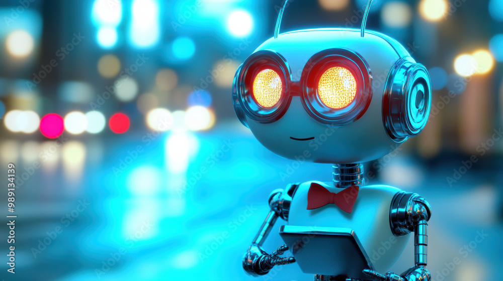 sleek, futuristic robot with friendly appearance stands in vibrant urban setting, illuminated by colorful lights. Its expressive eyes and charming bow tie add playful touch sleek, futuristic robot with friendly appearance stands in vibrant urban setting, illuminated by colorful lights. Its expressive eyes and charming bow tie add playful touch