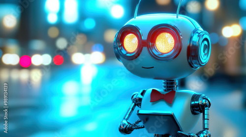 sleek, futuristic robot with friendly appearance stands in vibrant urban setting, illuminated by colorful lights. Its expressive eyes and charming bow tie add playful touch