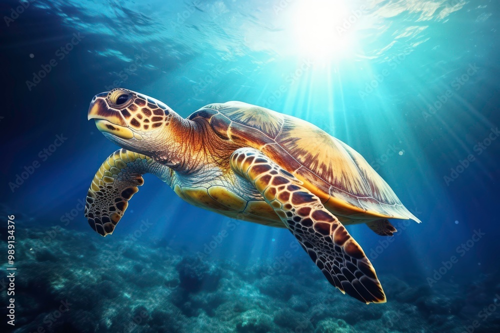 Obraz premium A turtle swims in the sea, with a school of fish swimming nearby. with coral reefs and fish creating a beautiful underwater view. Generative AI