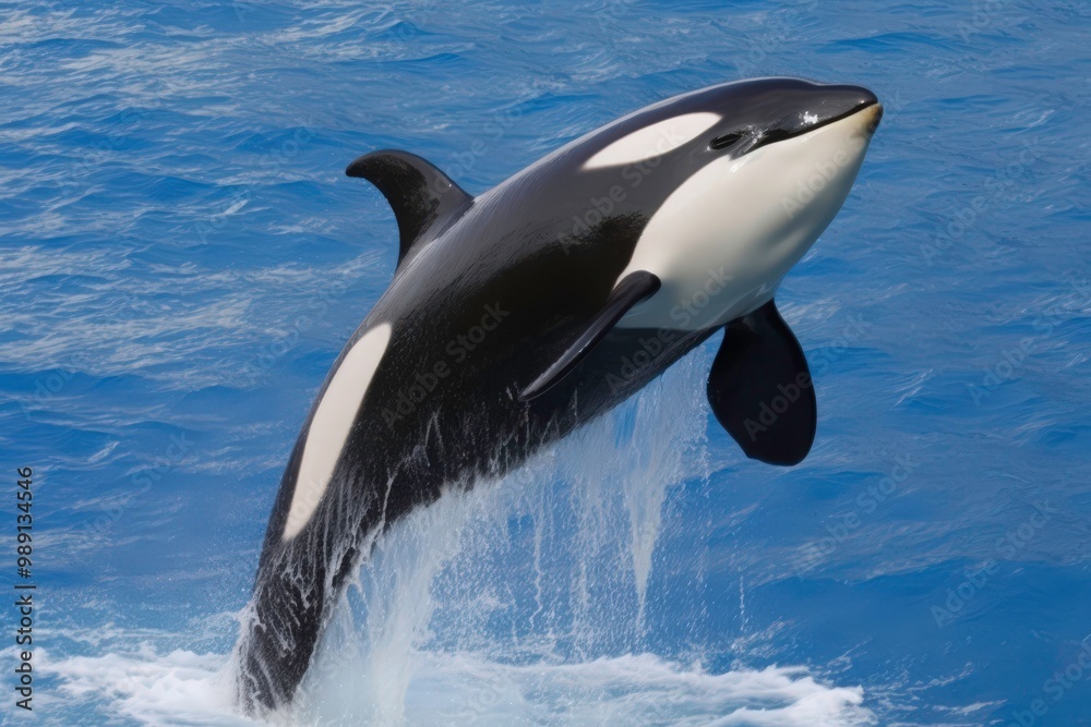 Obraz premium A black and white orca whale leaps out of the water. Concept of freedom and power as the whale soars through the air. Generative AI