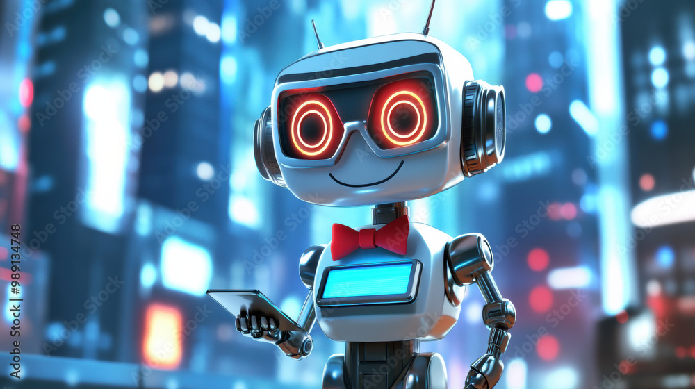 friendly futuristic robot with glowing eyes and bow tie holds device in vibrant cityscape. Its cheerful expression adds touch of warmth to high tech environment friendly futuristic robot with glowing eyes and bow tie holds device in vibrant cityscape. Its cheerful expression adds touch of warmth to high tech environment
