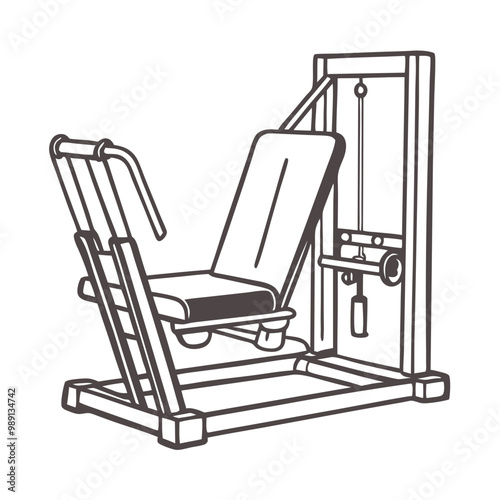 Leg press machine for strength training, simple outline on white background 