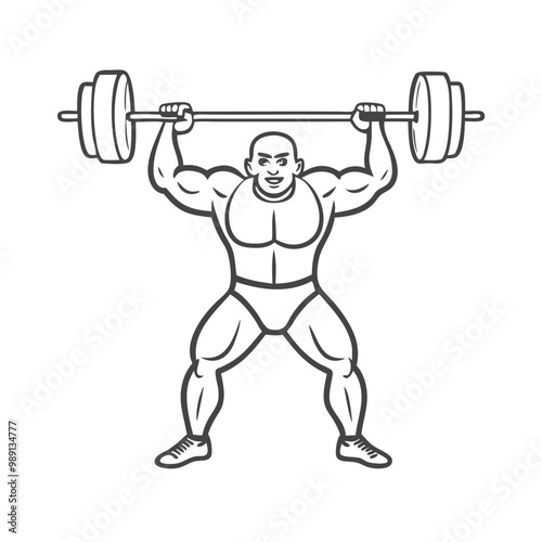 Muscular man lifting barbell in powerlifting position, simple outline on white background 