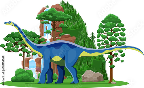 Quaesitosaurus cartoon prehistoric dinosaur character. Isolated vector colorful dino at lush landscape with vibrant greenery, trees and waterfall, depicting a lively and natural habitat for dinosaur