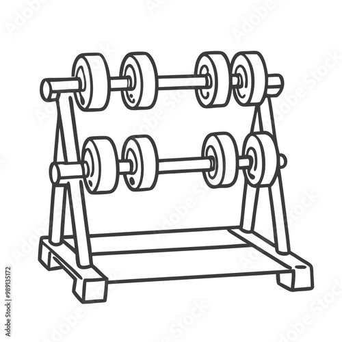 Weight rack with dumbbells arranged, fitness equipment outline on white background 