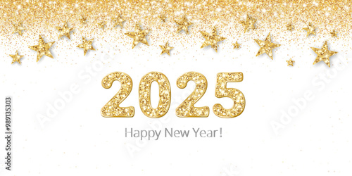 Happy New Year banner. 2025 gold glitter numbers. Confetti and stars decoration. Golden celebration background. For Christmas holiday headers, party flyers. Vector illustration.