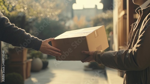 A person handing over a package to another, symbolizing delivery and connection.