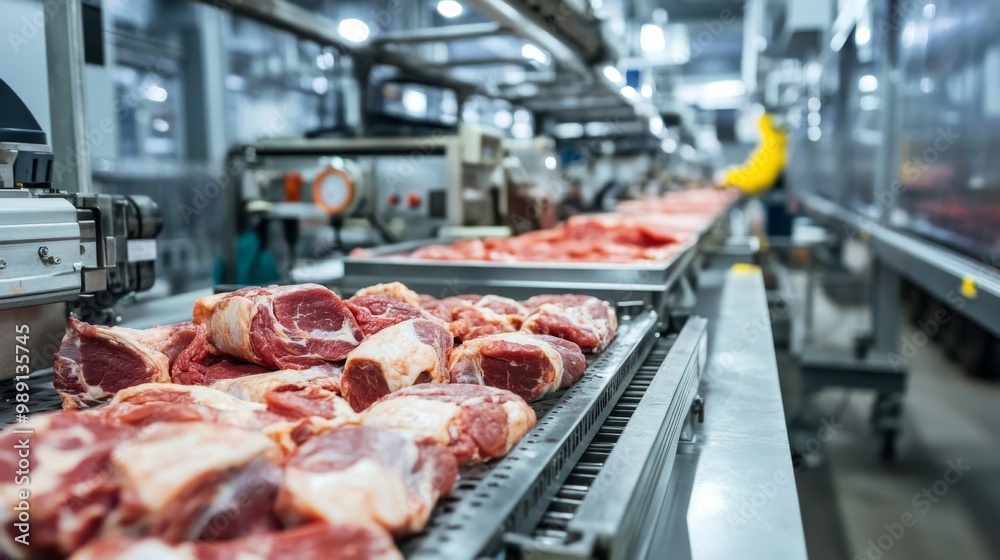 Automated production line in modern food factory.Factory for the production of food from meat.Industrial equipment at a meat factory. Automated production line in modern food factory.Factory for the production of food from meat.Industrial equipment at a meat factory.