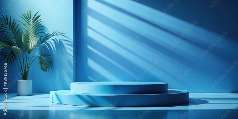 Three dimensional of a blue podium in a blue interior with sunshine and leaf shadows, perfect for showcasing your product