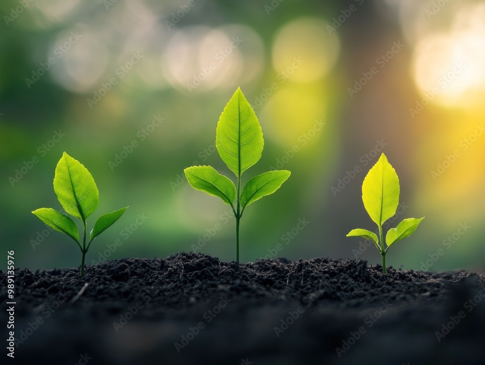 Three young plants emerging from dark soil, symbolizing growth and renewal. Three young plants emerging from dark soil, symbolizing growth and renewal.