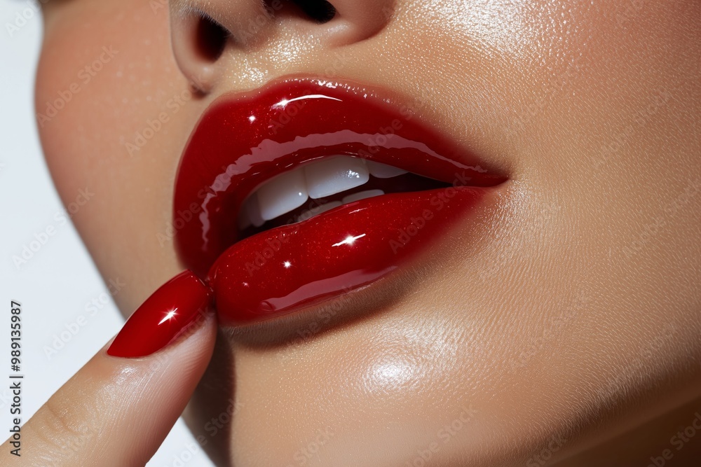 Obraz premium Closeup of shiny red lips with a finger touching the lower lip, highlighting a radiant finish