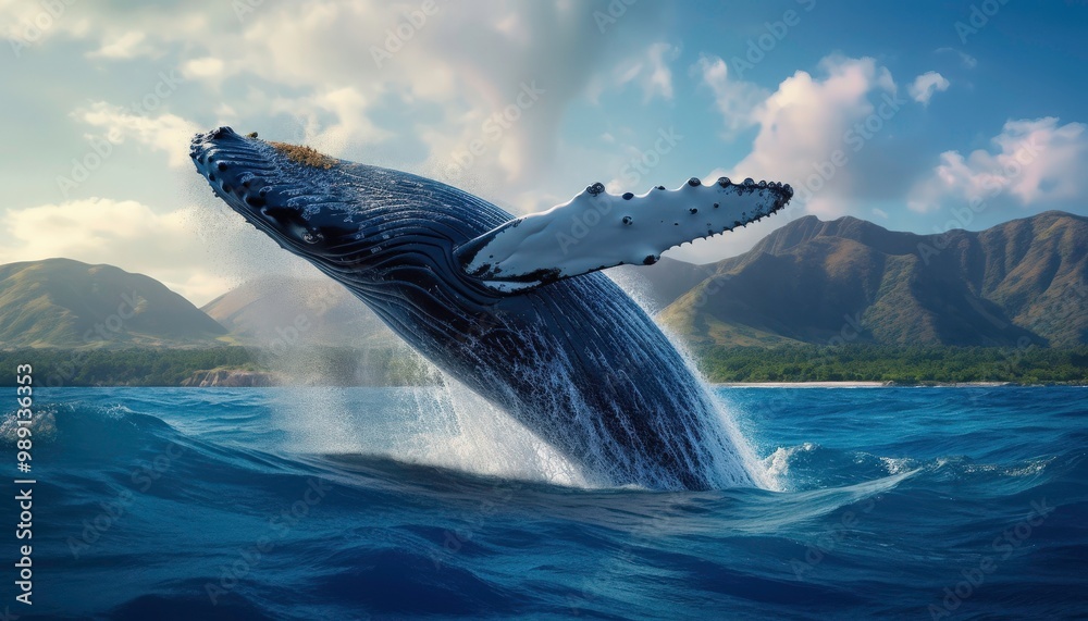 Fototapeta premium A whale is leaping out of the water, creating a splash. Concept of freedom and power, as the whale soars through the air. Generative AI