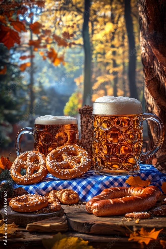 a joyful oktoberfest display with large steins of beer, pretzels, bratwurst, and blue-and-white checkered tablecloth surrounded by autumn decorations a joyful oktoberfest display with large steins of beer, pretzels, bratwurst, and blue-and-white checkered tablecloth surrounded by autumn decorations