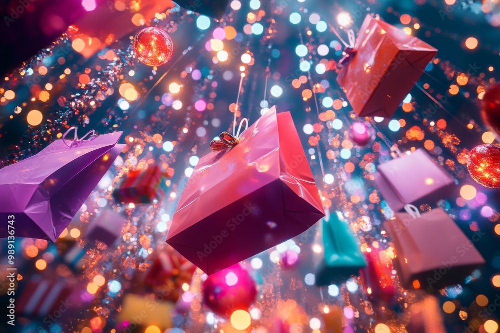 a magical new year's eve celebration, with christmas paper shopping bags, lollipops, and decorations floating upwards, surrounded by a kaleidoscope of colors and twinkling lights a magical new year's eve celebration, with christmas paper shopping bags, lollipops, and decorations floating upwards, surrounded by a kaleidoscope of colors and twinkling lights