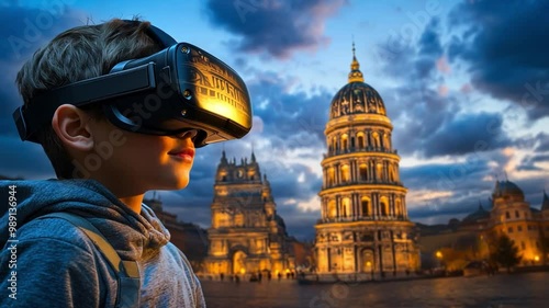 A boy with virtual reality glasses admires a stone monument in a virtual reality experience that recreates ancient civilizations from people's homes. photo