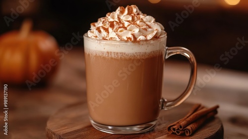 A warm beverage topped with whipped cream and cinnamon, served in a clear mug.