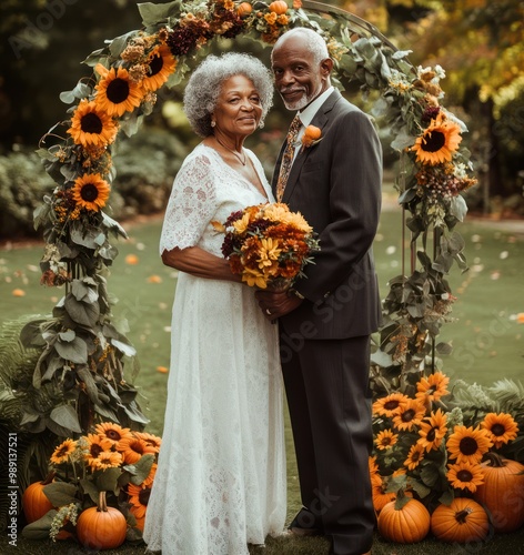 Autumn or fall wedding day photo of an elderly black couple. A portrait of senior bride and groom in festive clothing with flowers. People in love are outdoors in autumn landscape, AI generated image