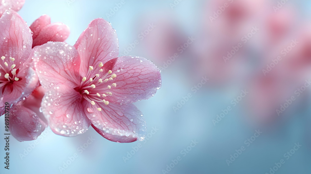 Pink Flowers with Dew Drops, Close Up Pink Flowers with Dew Drops, Close Up