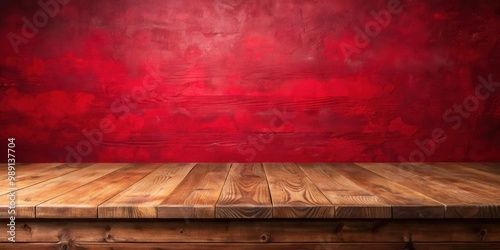 Panorama of red vintage wooden table top with seamless background photo