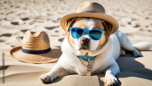 sitiing beach sunglasses hat holiday summer dog vacation perfect travel aring  summer holiday dog beach sunshine relaxation vacation water sand ocean beautiful tropics exotic resort tropical photo