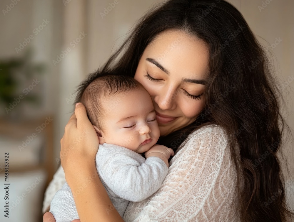 Affectionate Moment of a Loving Mother Embracing Her Sleeping Baby Affectionate Moment of a Loving Mother Embracing Her Sleeping Baby