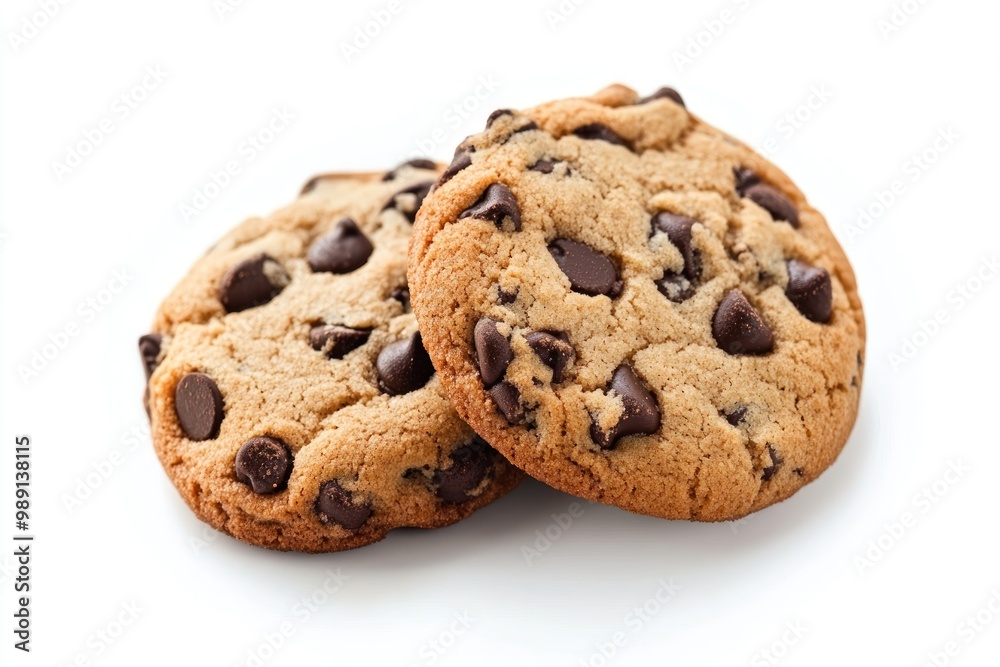 Two chocolate chip cookies on a white background, inviting and delicious. Two chocolate chip cookies on a white background, inviting and delicious.