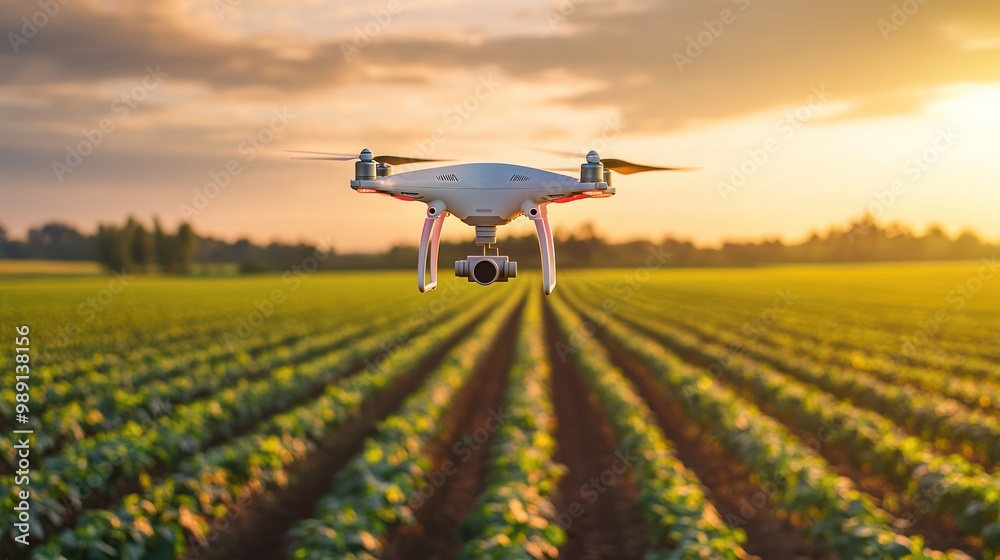 A drone flying over a green field during sunset, used for agricultural monitoring. A drone flying over a green field during sunset, used for agricultural monitoring.