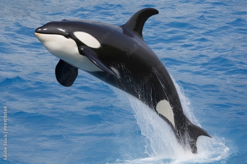 Fototapeta premium A black and white orca whale leaps out of the water. Concept of freedom and power as the whale soars through the air. Generative AI