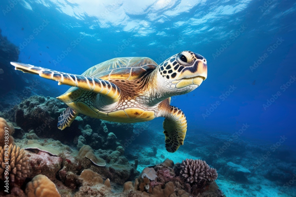 Obraz premium A turtle swims in the sea, with a school of fish swimming nearby. with coral reefs and fish creating a beautiful underwater view. Generative AI