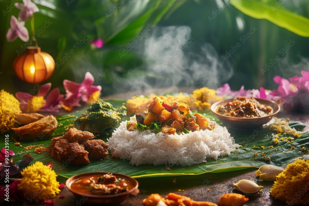 custom made wallpaper toronto digitala traditional onam sadya feast served on a banana leaf, with a variety of vegetarian dishes and steaming hot rice, set against a vibrant background of flowers and lanterns.