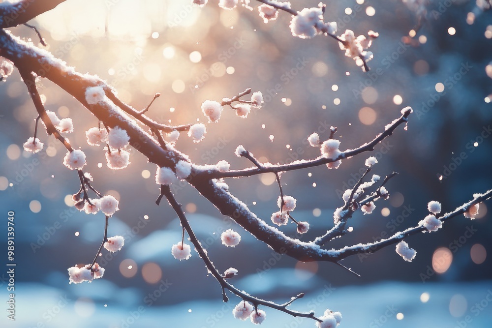 a tranquil winter scene of frost-covered plum tree branches sparkling in the sunlight, with snow gently falling in a japanese garden illustration a tranquil winter scene of frost-covered plum tree branches sparkling in the sunlight, with snow gently falling in a japanese garden illustration