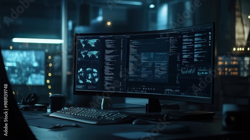 An advanced computer setup with numerous curved monitors displaying technical information and maps, creating a futuristic and technologically immersive workspace environment.