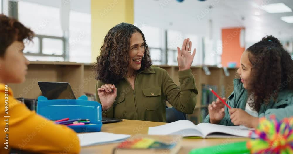 Students, tutor and library with classroom help, support and teacher with child development and growth. Writing, mentor and listening at school with education, communication and campus learning