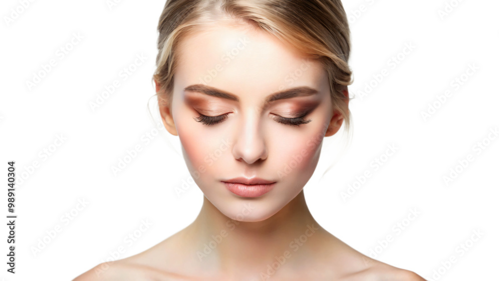 Close-up portrait of a woman with flawless skin, showcasing natural beauty and radiant health, eyes closed