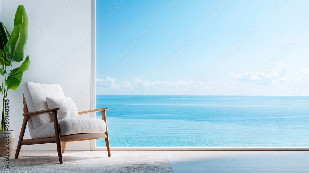 Fototapeta premium Cozy Apartment Interior with Serene Sea View Through Large Window
