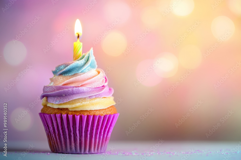 Colorful Frosted Cupcake with Lit Candle on Blurred Pastel Background Colorful Frosted Cupcake with Lit Candle on Blurred Pastel Background