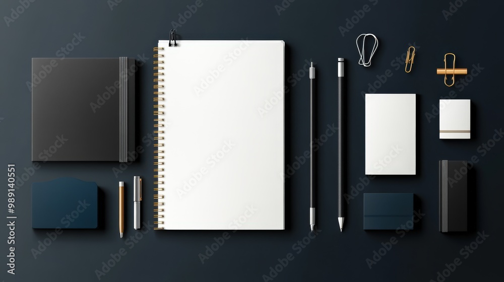 A modern desk setup featuring various notebooks, writing tools, and small office accessories, organized in a visually appealing manner on a dark background. A modern desk setup featuring various notebooks, writing tools, and small office accessories, organized in a visually appealing manner on a dark background.