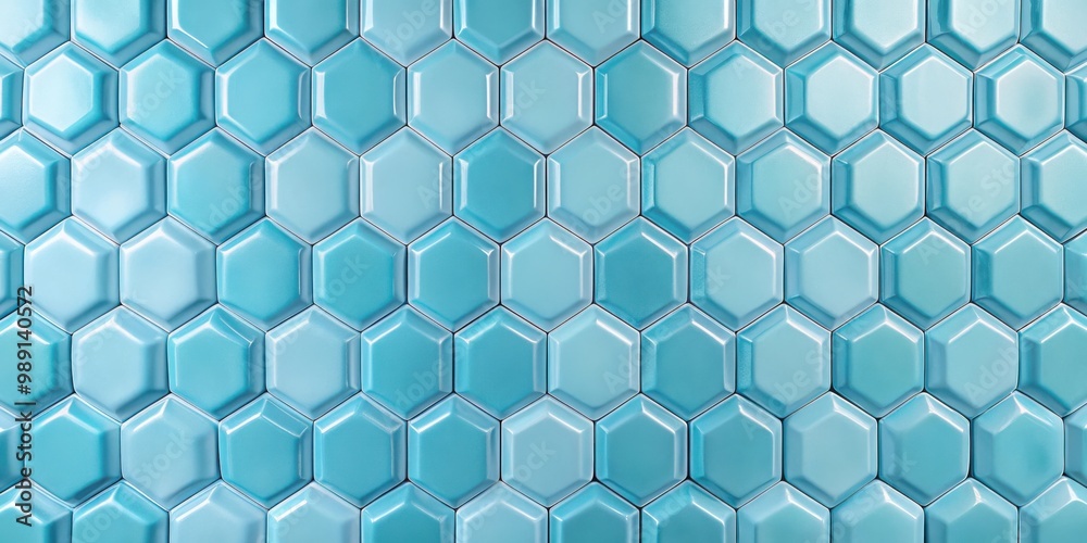 Fototapeta premium Texture of light blue tiled wall for background or interior design with small, glossy tiles in a hexagonal pattern