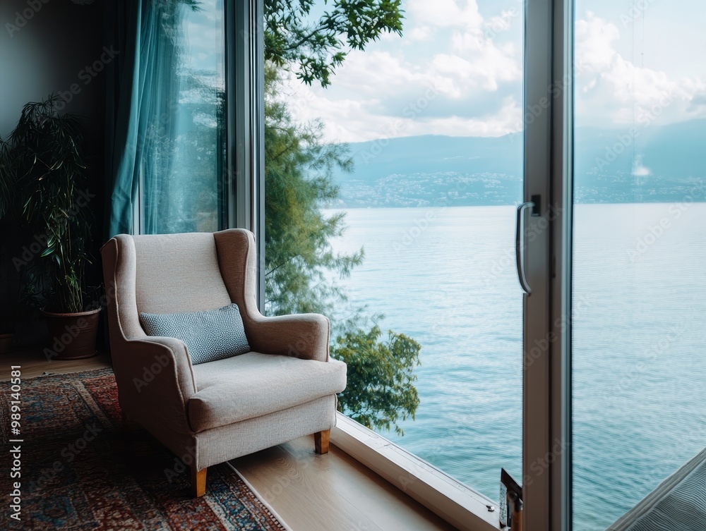 Fototapeta premium Cozy Seaside Retreat with Serene Lakeside View Through Large Window